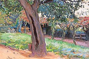 Schon früh pflegt Slevogts Mutter die verwandtschaftlichen Beziehungen in die Pfalz. Hier entsteht 1903 sein Gemälde „Kastanie im Vorhof von Neukastel“. Foto: wiki