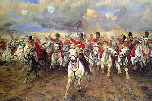 Die „Rotröcke“ bei der Schlacht von Waterloo (Ausschnitt). Elizabeth Thompson: Scotland Forever! 1881, Leeds Art Gallery.