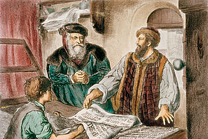 Mit Bleilettern erfolgreich: Gutenberg beim Drucken (kolorierter Holzstich nach einer Zeichnung von Adolph Menzel). Fotos: epd