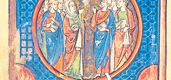 Buchmalerei aus einem Psalter aus Gent: Erstellt um 1320 bis 1330 zeigt sie Christi Himmelfahrt (oben) und die Ausgießung des Heiligen Geistes (unten). Das Buch befindet sich heutzutage in der Oxforder Bodleian Library. Foto: epd