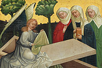 Im Flügelaltar der Kirchenburg von Prejmer (Tartlau) in Siebenbürgen in Rumänien: Die drei Frauen stehen am Ostermorgen vor dem Engel am leeren Grab. Foto: epd