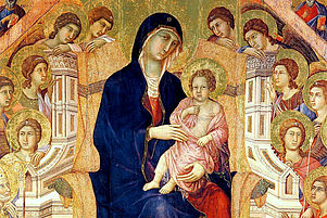 Gottesmutter Maria in Blau mit Jesuskind in Rosa (Ausschnitt). Duccio di Buoninsegna: Maestà. 1308, Dommuseum Siena.