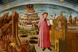 Der italienische Dichter Dante Alighieri und sein Werk „Göttliche Komödie“, das Hölle, Fegefeuer und Paradies beschreibt. Das Fresko in der Kathedrale Santa Maria del Fiore in Florenz zeigt im Hintergrund den Vulkan mit den ­sieben Terrassen, die für die Todsünden stehen. Foto: wiki