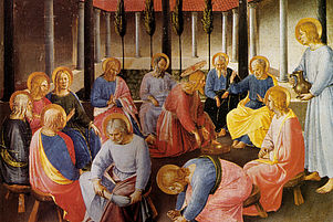 Der Meister auf den Knien: Christus wäscht fürsorglich den Aposteln die Füße. Detail von Tafel drei der Silber Schatzkammer von Santissima Annunziata, Fra Angelico, um 1450. Foto: wiki